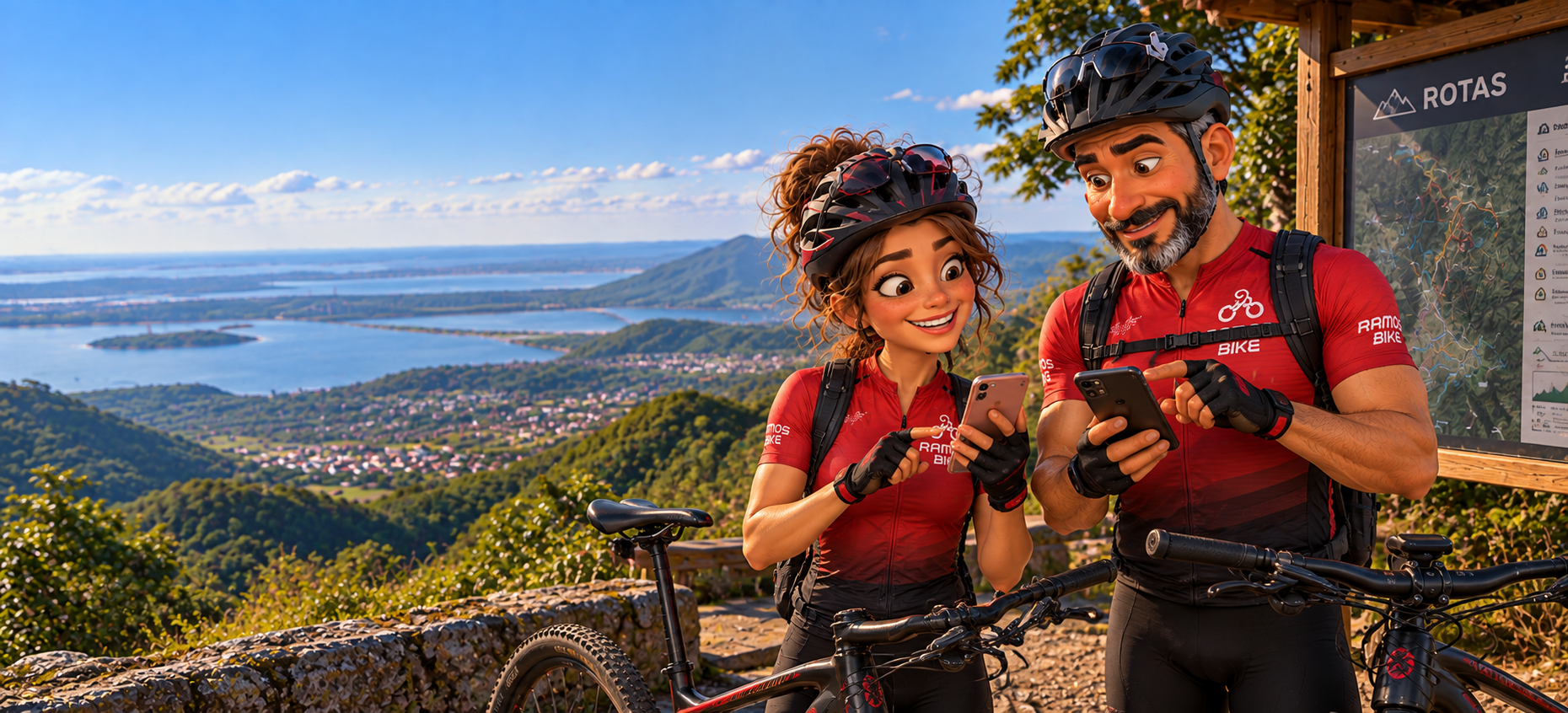 Pedi e Vela escolhendo uma rota para pedalar